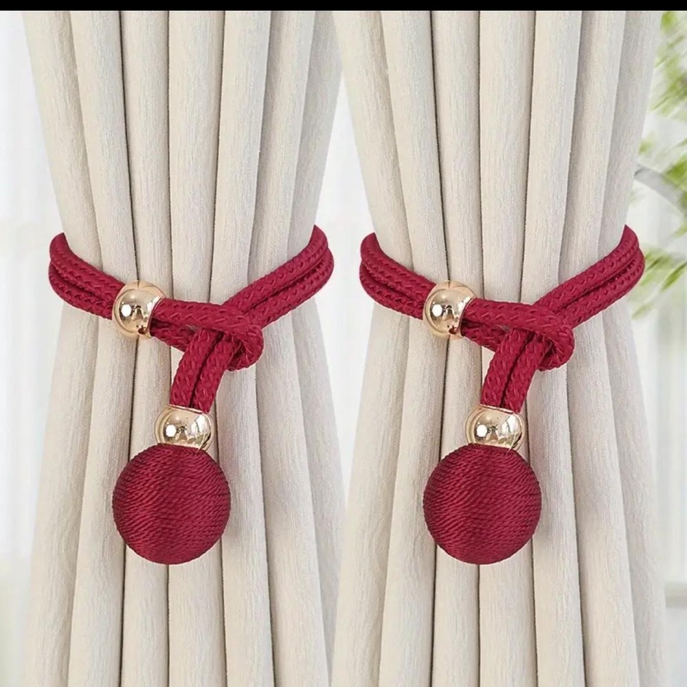 New Pair of red fabric curtain tiebacks with gold colored beads